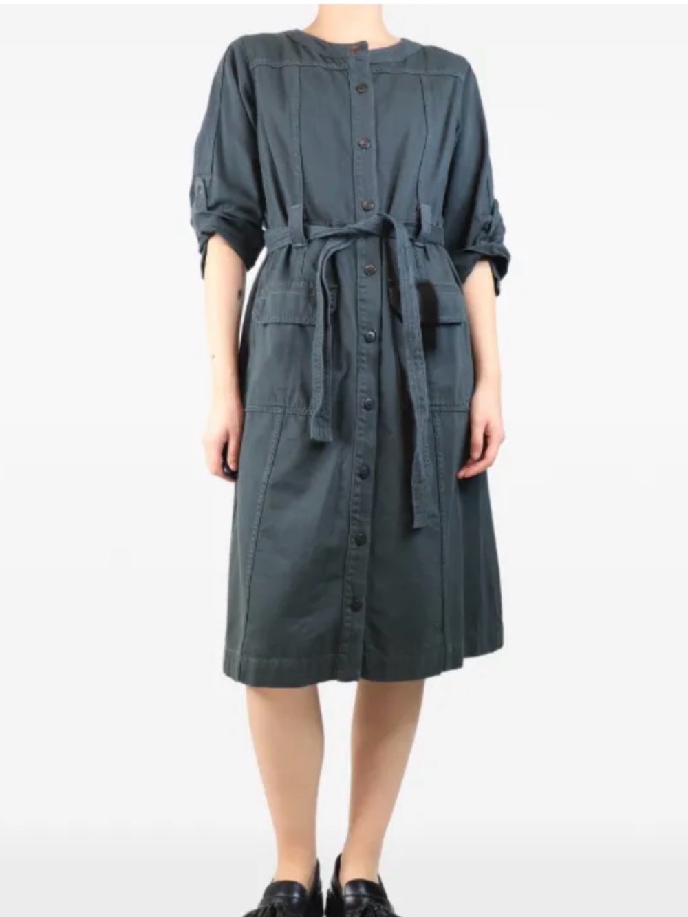 Wyse Dark Gray Button-Front Dress Coat with Tie Waist Size-0 Scandi Workwear